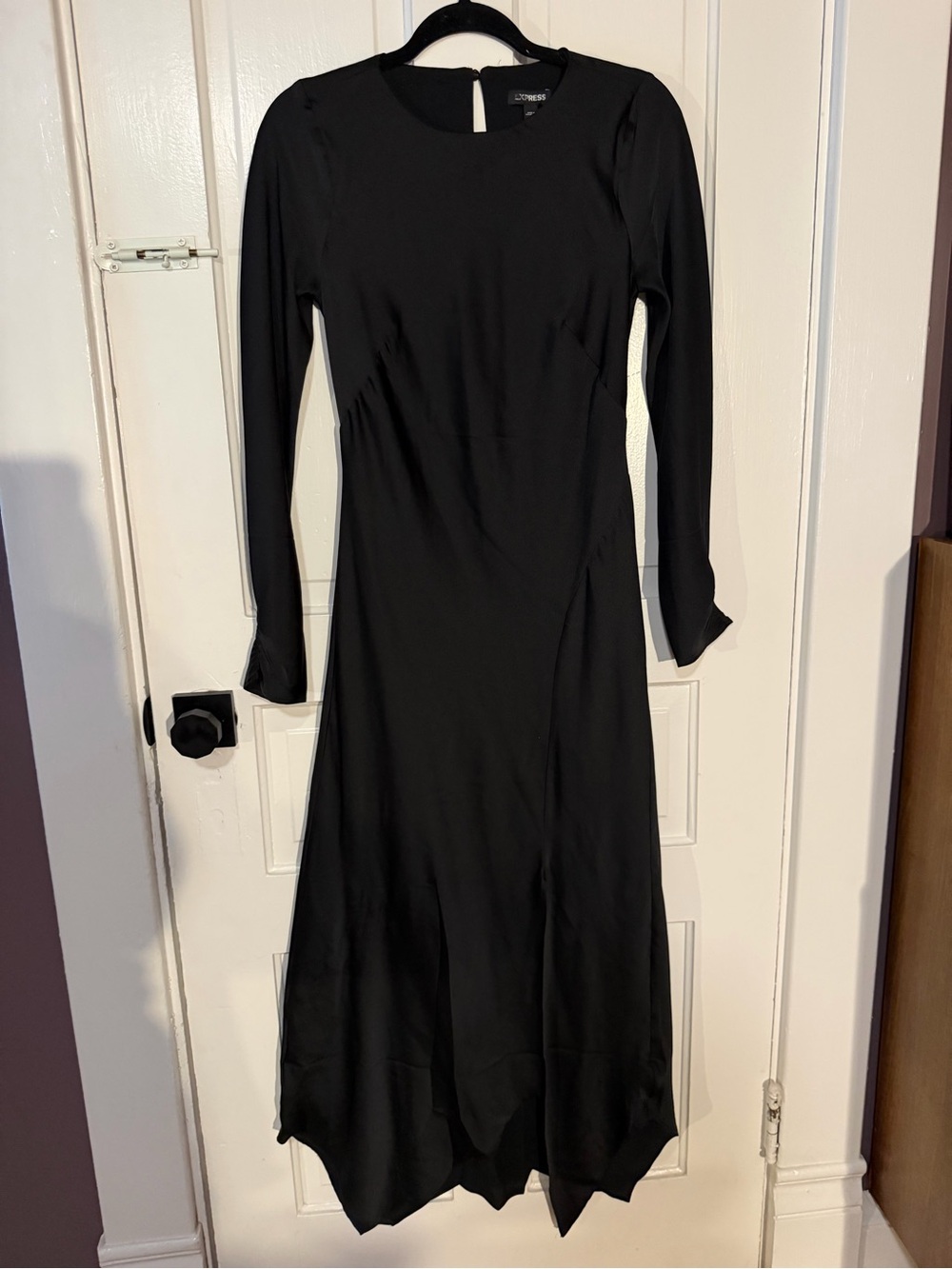 Express Black Long Sleeve Midi Dress with Pointed Hem
